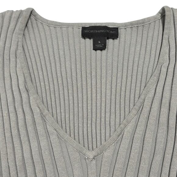 Womens Sz L Gray Silk Blend Y2K Fairy Grunge Ribbed Stretchy V-Neck Knit Top - Picture 3 of 9